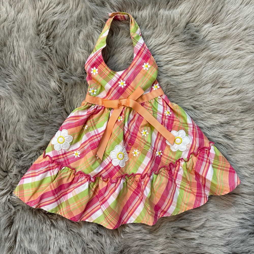 SOLD Plaid Halter Dress with Floral Embroidery